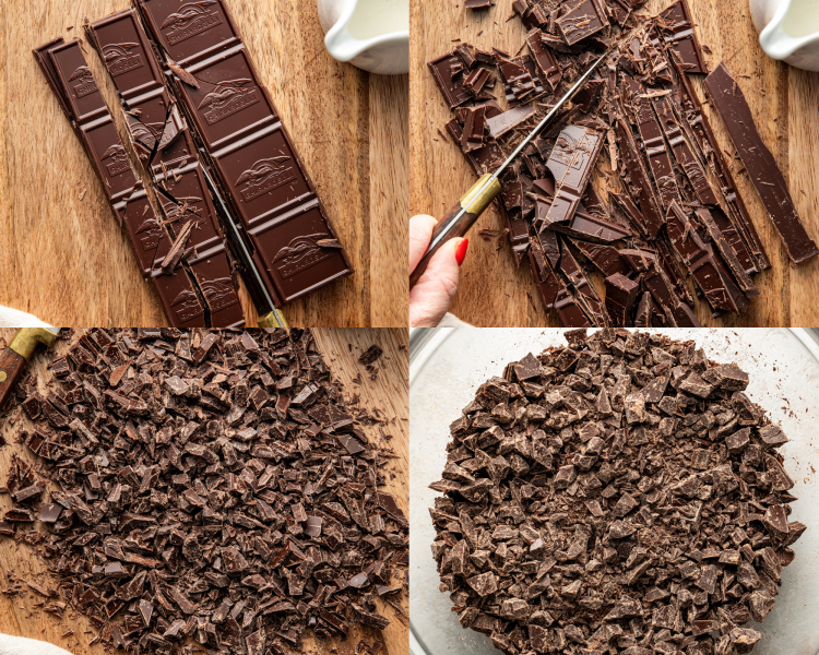 Four images showing how to finely chop the chocolate on a wooden cutting board then placing the chocolate into a heatproof bowl.