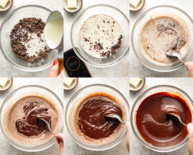 Six images showing how to pour the warm cream over chopped chocolate, then let it sit, stir it and lastly mixing in the butter.