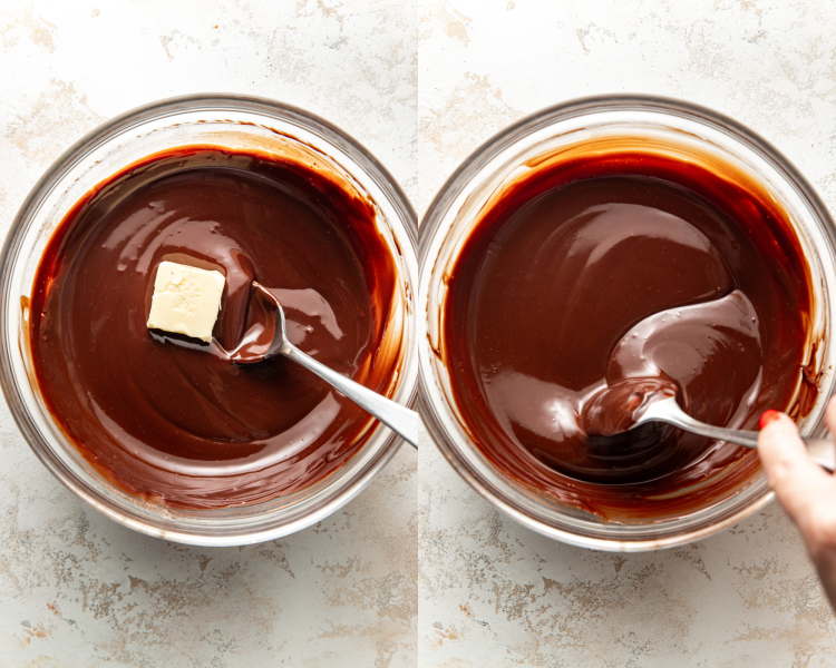 Side-by-side image of adding room temperature butter and stirring into ganache.
