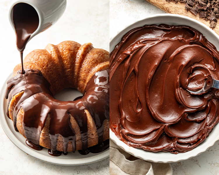 Side-by-side image of pouring thin chocolate ganache over cake then showing the thickened up ganache in a large serving bowl.