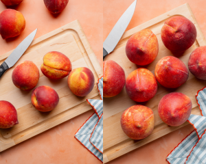 Side-by-side of prepping peaches by scouring an "X" on the bottom before blanching.