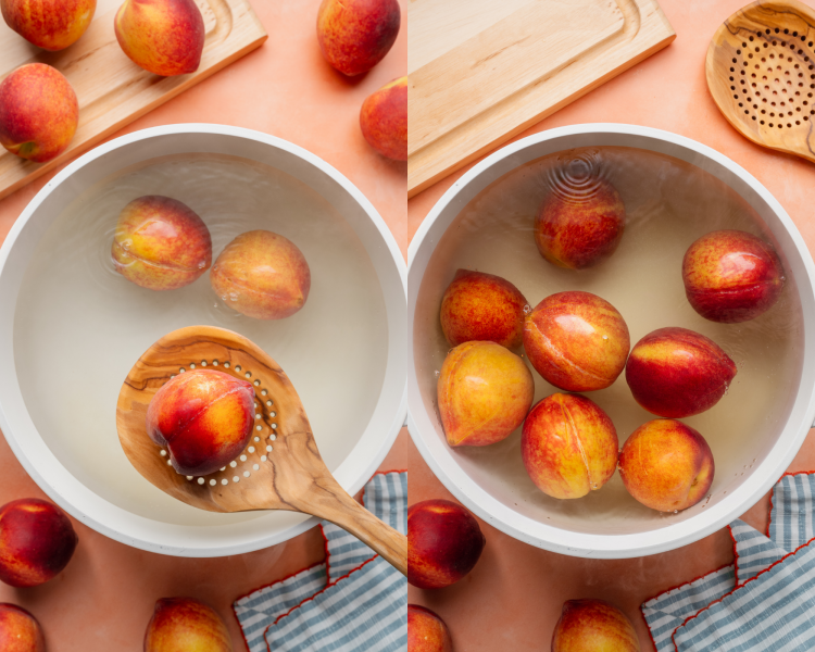 Side-by-side of lowering peach into boiling water.