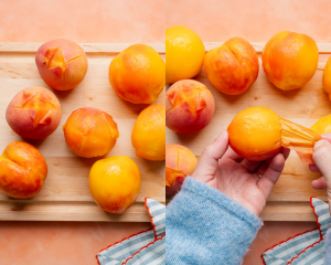Side-by-side image of peeling the skin off a blanched peach.