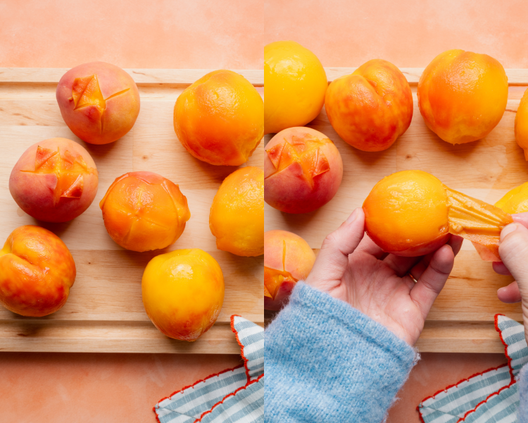 Side-by-side image of peeling the skin off a blanched peach.