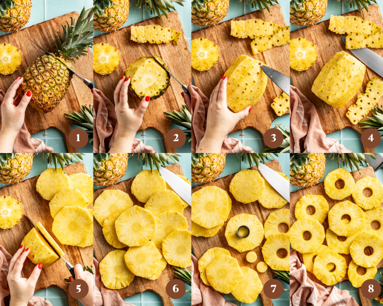 Eight images showing step-by-step how to cut a pineapple into rings.