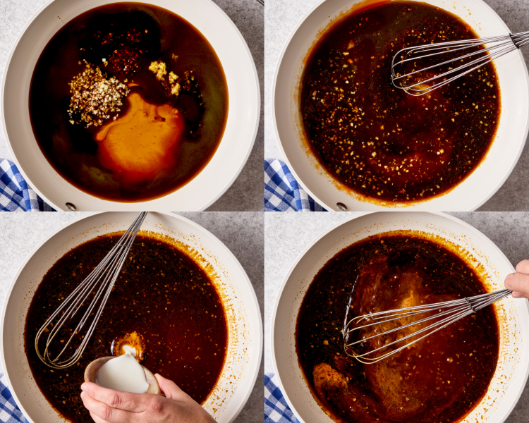 Four images showing how to make the homemade sesame sauce.