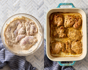 Side-by-side of chicken marinating in a bowl then baked in a 9x13 casserole dish.