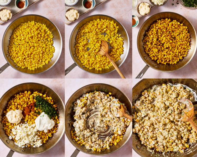 Six images showing how to make the street corn.