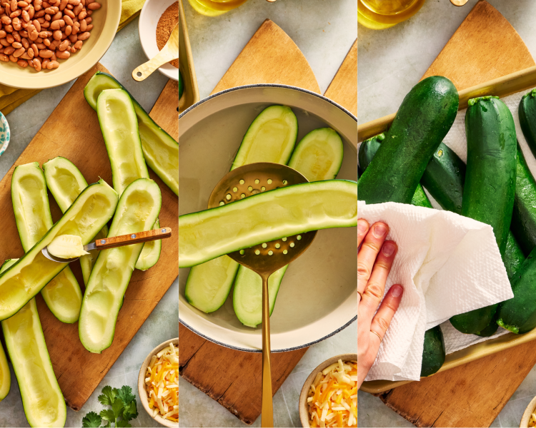 Three images showing how to prep the zucchini.