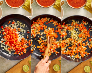 Three images side-by-side of cooking pepper and onions then adding garlic.