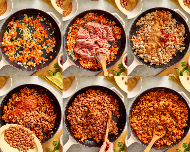 Six images showing how to make the taco filling.