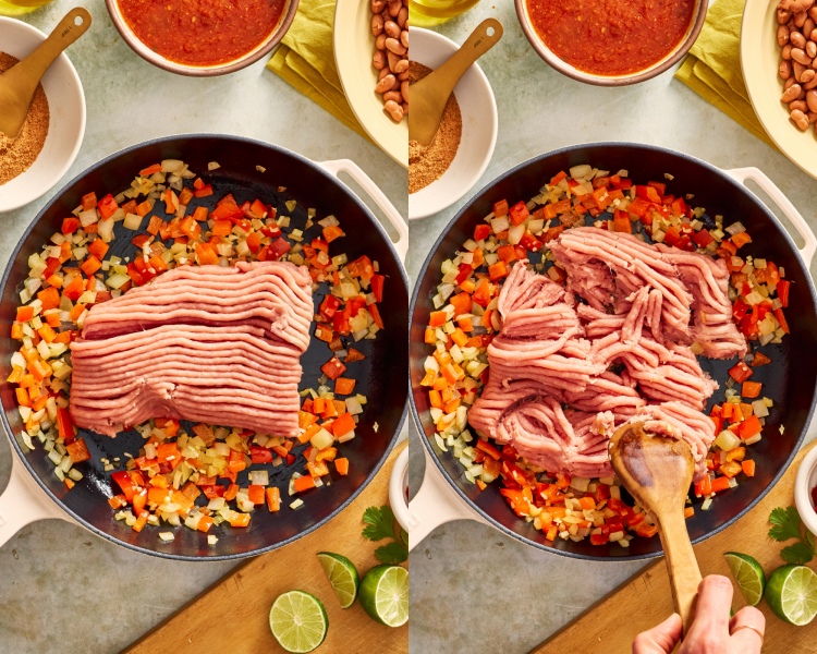 Side-by-side photo of adding ground turkey and crumbling it as it cooks.