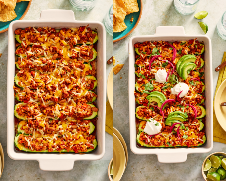 Side-by-side of baking zucchini boats then adding toppings.