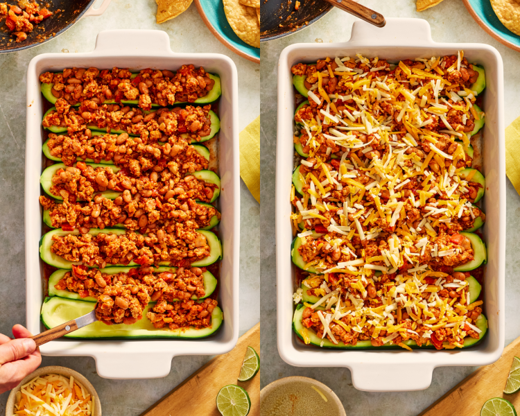 Side-by-side of filling the zucchini boats with taco mixture and sprinkling top with shredded cheese.