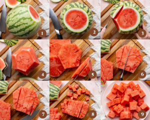 Nine images show step-by-step for how to cut a watermelon into classic cubes.