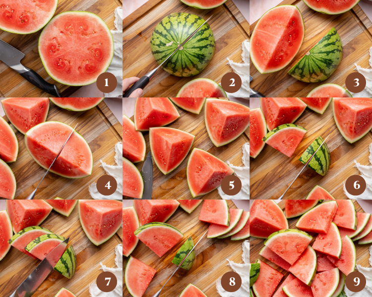 Nine images showing step-by-step how to cut a watermelon into triangles.