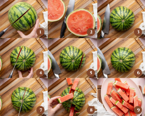 Nine images showing step-by-step how to cut a watermelon into sticks.