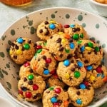 Monster cookie energy bites in a large serving bowl.