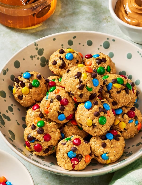 Monster cookie energy bites in a large serving bowl.