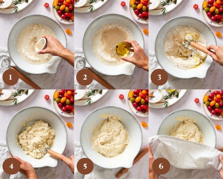 Step-by-step collage showing how to mix bread flour, water, yeast, olive oil, and salt together to make a sticky focaccia dough.
