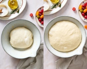 Focaccia dough before and after the first rise, showing how the dough doubles in size during bulk fermentation.