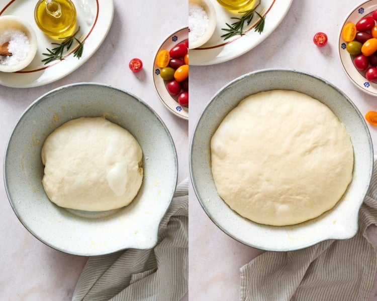 Focaccia dough before and after the first rise, showing how the dough doubles in size during bulk fermentation.