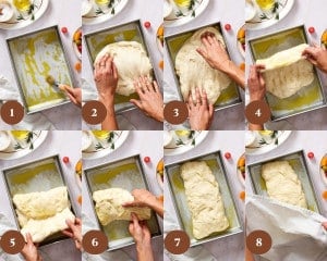 Step-by-step collage showing how to transfer, stretch, and fold focaccia dough into an olive oil-coated baking pan before the second rise.