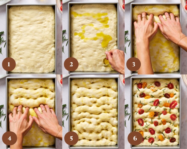 Step-by-step collage showing how to drizzle focaccia dough with olive oil, dimple the surface, and top with cherry tomatoes and fresh rosemary before baking.