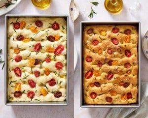Before and after comparison of tomato rosemary focaccia, showing the dough before baking and the finished golden brown focaccia fresh from the oven.