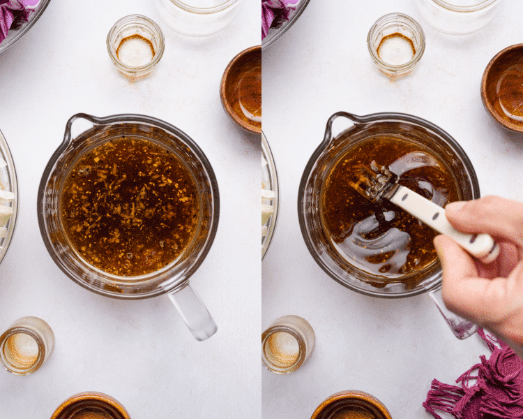 Mixing the dressing ingredients together in a small mixing cup.