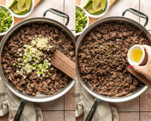 Side-by-side of adding the garlic and scallions to the cooked beef then drizzling in the oil.