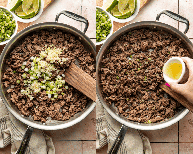 Side-by-side of adding the garlic and scallions to the cooked beef then drizzling in the oil.