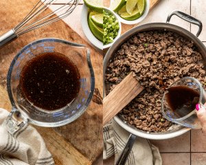 Side-by-side of whisking together ingredients for sauce and adding to ground beef mixture.