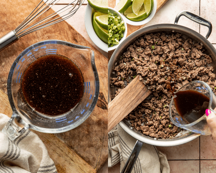 Side-by-side of whisking together ingredients for sauce and adding to ground beef mixture.