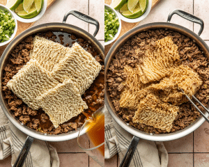 Side-by-side image of adding dry ramen noodles and mixing until noodles start to soften and cook.