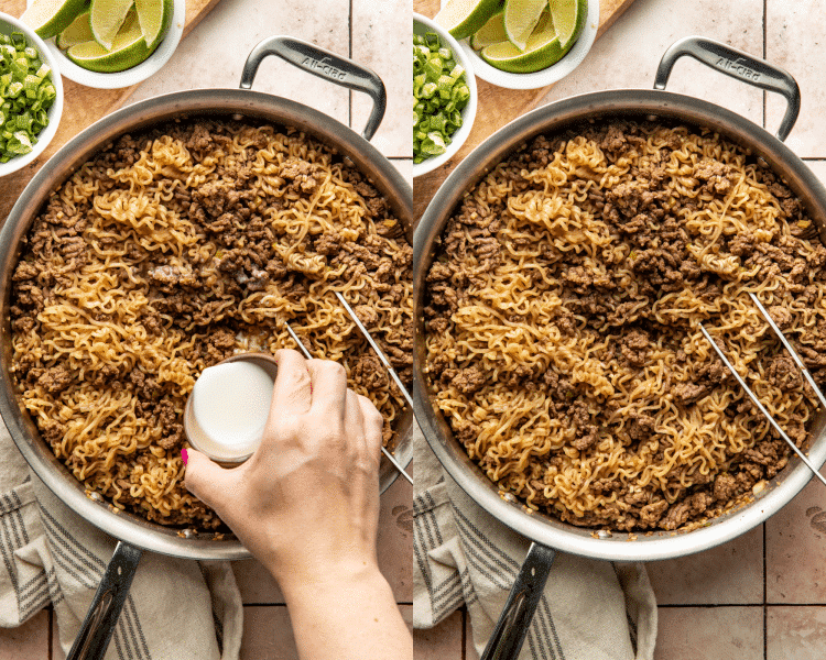 Side-by-side image of pouring cornstarch slurry into pan and cooking until sauce thickens.