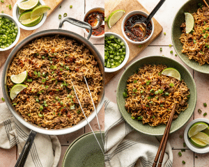 Side-by-side image of chili crisp beef ramen noodles cooked in large skillet then served in small bowl with chopstick.