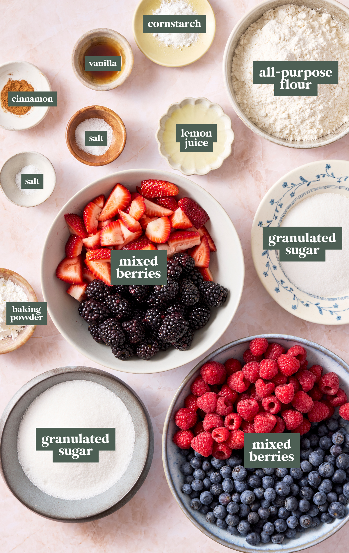Labeled ingredients for mixed berry cobbler.