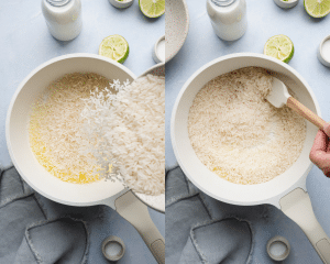 Side-by-side photo of adding rice to saucepan with melted butter and cooking for 2-3 minutes.