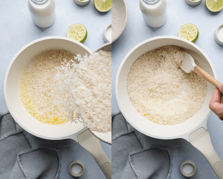 Side-by-side photo of adding rice to saucepan with melted butter and cooking for 2-3 minutes.