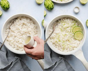 Side-by-side of pouring fresh lime juice into sauce pan and garnishing finished rice with more lime zest and slices of lime.