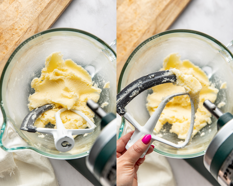 Side-by-side image of the beginning stages of creaming butter and sugar.