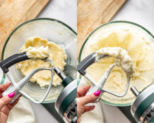 Side-by-side image of showing the last few stages of creaming butter and sugar.