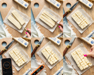 Six images showing how to soften butter quickly but cutting it into small cubes.