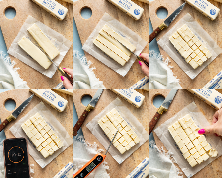 Six images showing how to soften butter quickly but cutting it into small cubes.