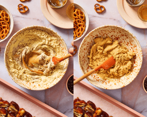 Side-by-side of mixing ingredients for protein cookie dough.