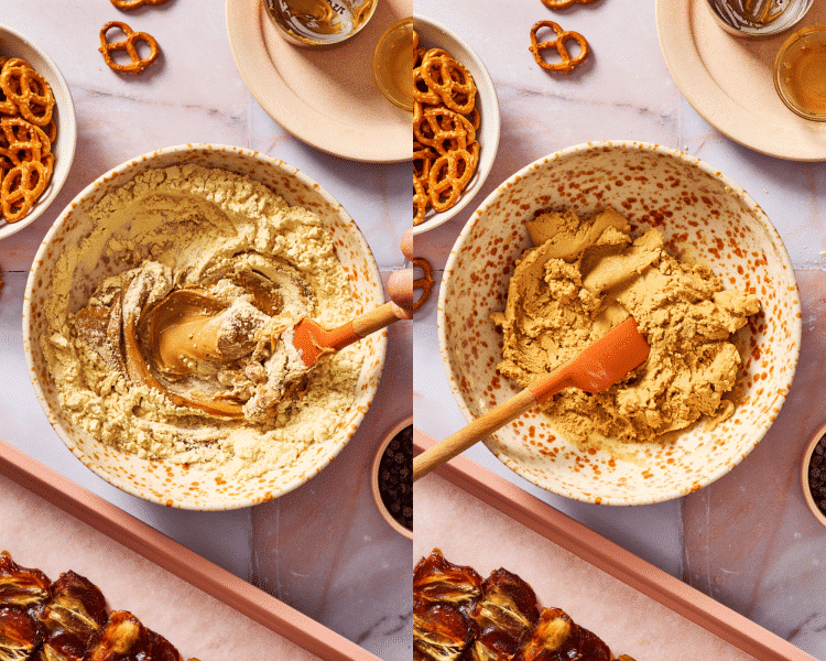 Side-by-side of mixing ingredients for protein cookie dough.