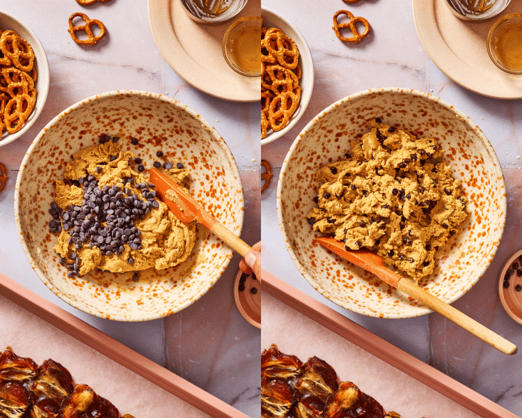 Side-by-side image of adding mini chocolate chips to cookie dough and mixing until incorporated.
