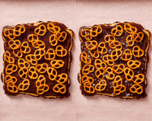 SIde-by-side of adding pretzels to date bark then sprinkling with flaky salt.