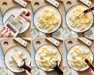 Six images showing how to soften butter by grating it with a cheese grater or vegetable peeler.